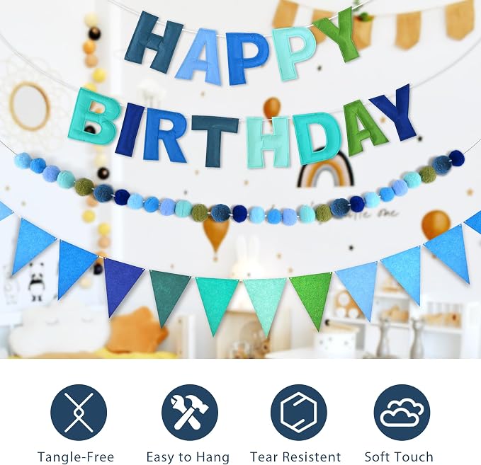 CANREVEL Pre-Strung 3D Rainbow Happy Birthday Banner, 3 PCS Happy Birthday Felt Sign, Pom Pom Garland, Triangle Fabric Bunting, Colorful Reusable Birthday Decorations for Women Men Girls Boys, Blue