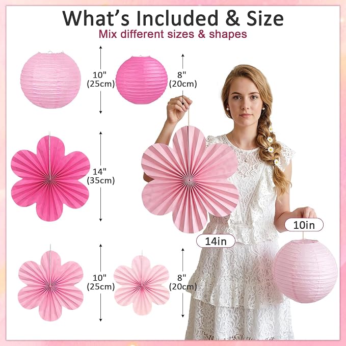 Pink Party Decorations, 18Pcs Hot Pink Paper Lanterns & Flower Fans Set | 8"-14" layered hanging decor for girls birthdays, bridal showers, baby showers, weddings, and girls night parties