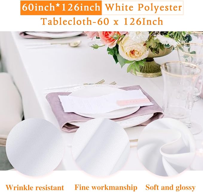 WIGENIUS 6 Pack White Table Cloth Rectangle Tablecloths 60X126 Inch,Polyester Table Cloth for 8 Foot Rectangle Tables,Wrinkle Resistant Washable Fabric Table Covers for Party,Wedding Banquet