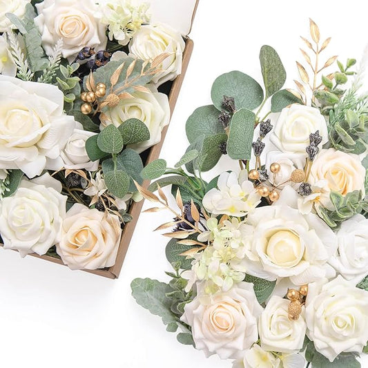 Ling's moment Fake Flowers Box, Faux Artificial Greenery Stems Foam Roses Silk Eucalyptus Fabic Flower for Centerpieces Bouquet Wedding Vase Floral Decorations, White & Sage & Gold, Grand Combo