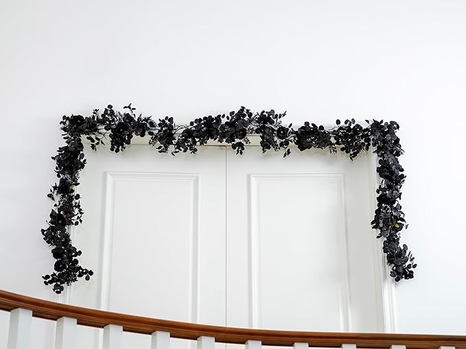 6FT Black Halloween Garland with 10 Black Rose and Berries, Artificial Flower Eucalyptus Garland for Halloween Decorations for Wedding Party Table Decor Indoor Outdoor Backdrop Wall Decor