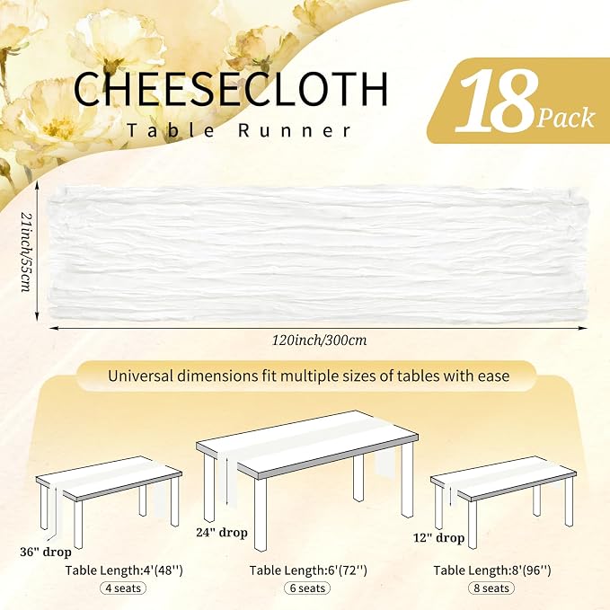 18 Pack Cheesecloth Table Runner 10FT Ivory White Table Runner Boho Gauze Cheese Cloth Table Runners Long Rustic Sheer Table Decorations for Wedding Party Baby Bridal Shower Birthday Holiday Spring
