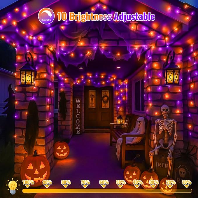 QITONG 2 Pack Battery Operated Halloween Lights, Each 33ft 100 LED Orange and Purple String Lights Outdoor Waterproof with Remote, Clear Wire Christmas Twinkle Lights with 8 Modes Indoor