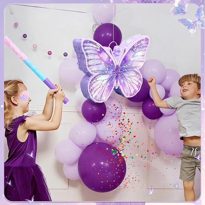 VioraWhite Butterfly Piñata for Birthday Party Supplies Purple Butterfly Piñata Decorations with Pink Purple Stick and Blindfold for Birthday Party Decorations Game Supplies