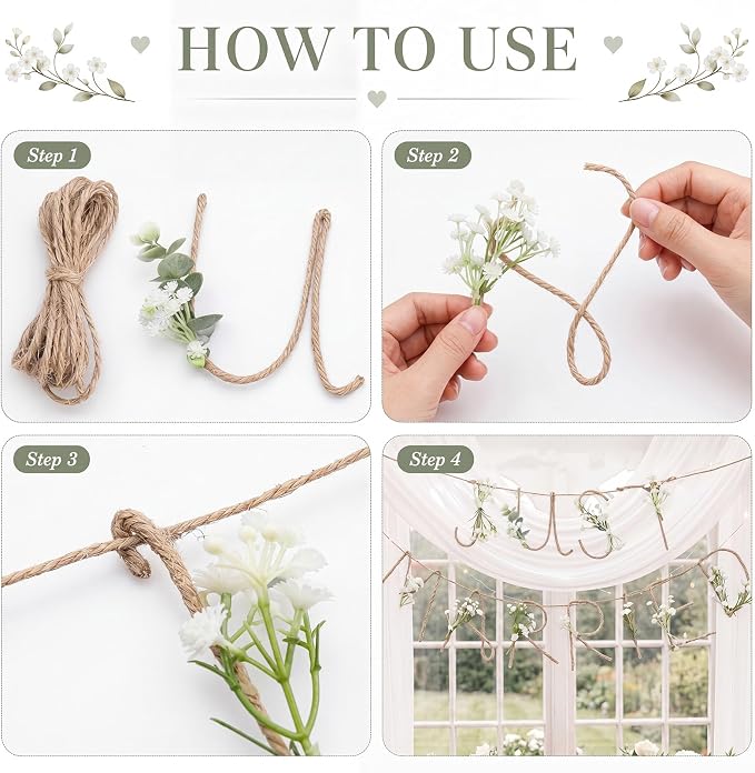 Norme Just Married Banner Baby's Breath Wedding Party Decorations Metal 3D Flower Just Married Photo Booth Props Signs Garland Backdrop Bridal Shower Reception Ceremony Car Decoration