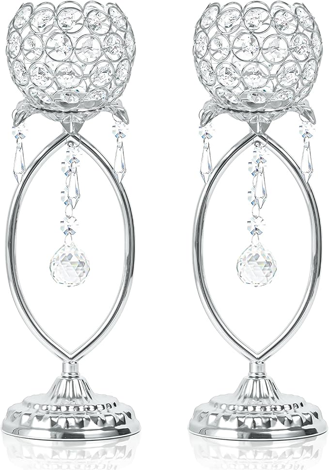 2 Pcs Silver Elegant Metal Crystal Tea Light Candle Holders with Crystal Pendants, Hollow Design - Wedding Table Centerpieces for Anniversary Birthday Party, Home Decor