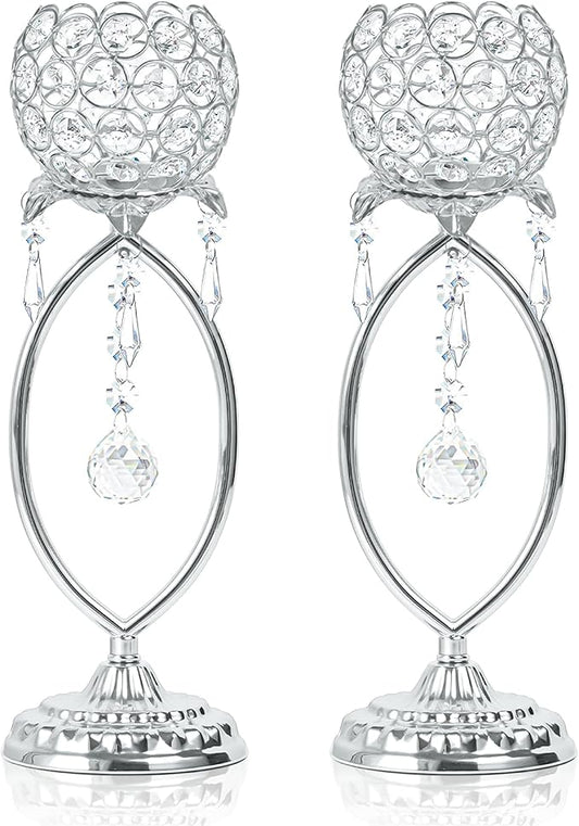 2 Pcs Silver Elegant Metal Crystal Tea Light Candle Holders with Crystal Pendants, Hollow Design - Wedding Table Centerpieces for Anniversary Birthday Party, Home Decor