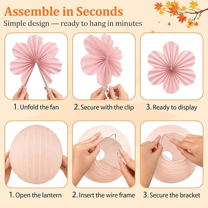 Pink and Orange Party Decorations, 18Pcs Paper Lanterns & Flower Fans Set | 8"-14" layered hanging decor for one sweet birthdays, sunset parties, citrus spritz themes, bridal showers and baby showers