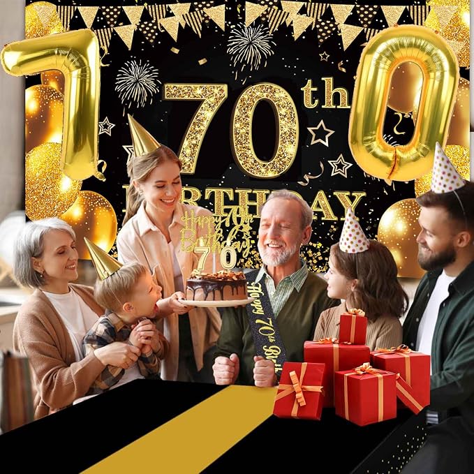 70th Birthday Decorations Men Women with 70th Birthday Banner, Black and Gold Table Cloth,Number Balloons, Large Sash, Cake Topper and Candles