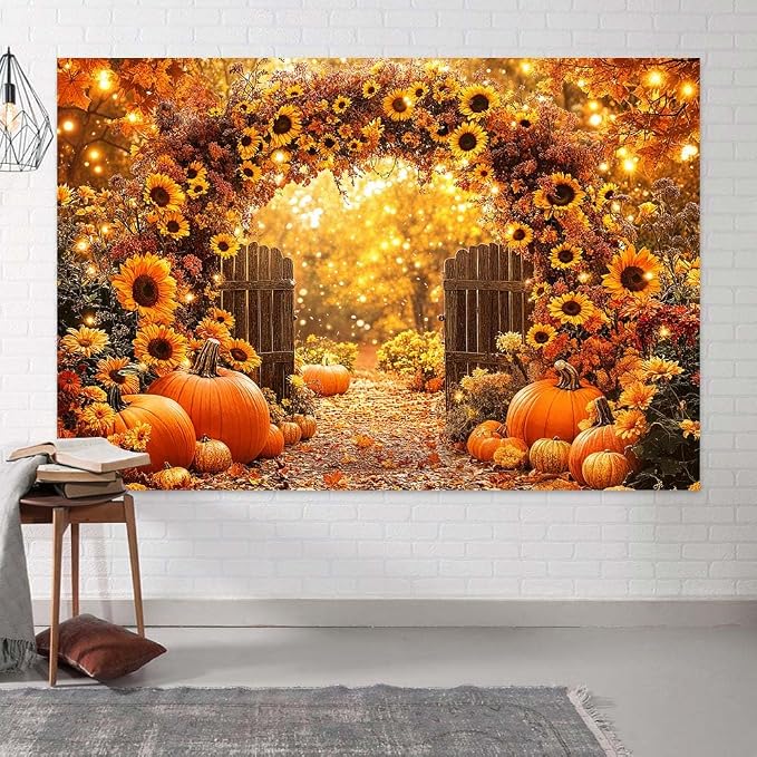 7 x 5 ft Fall Backdrop Autumn Sunflower Arch Forest Leaves Pumpkins Scenery Rustic Trail Harvest Photography Background Fall Farm Thanksgiving Party Supplies Banner Picture Photo Booth