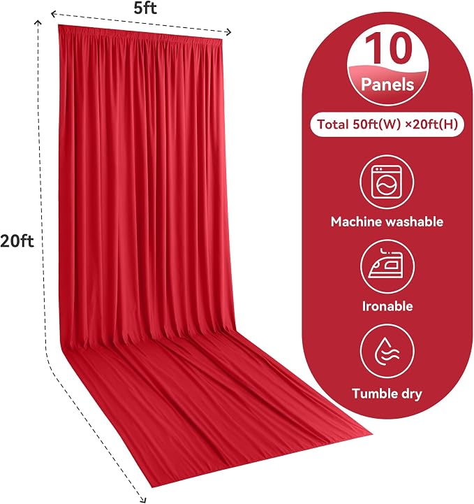 10 Panels 5x20ft Red Ceiling Drapes for Wedding Parties, Wrinkle Free Thick Polyester 20ft Extra Long Wedding Draping Red Ceiling Curtains Arch Drapery