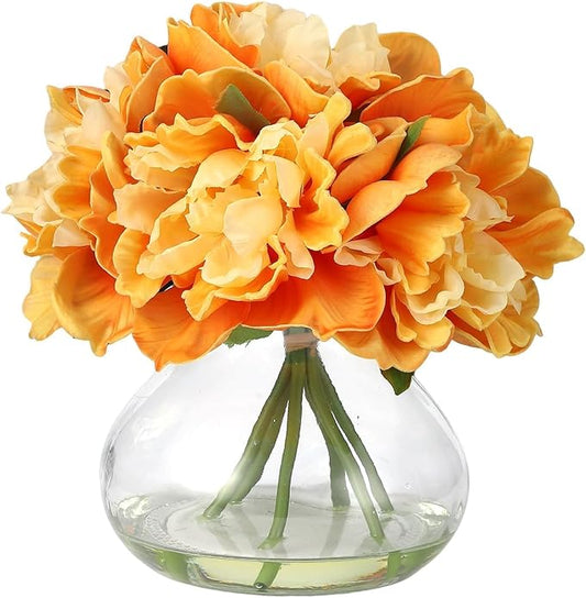 Orange Peony Bouquet in Glass Vase - 6 Piece Artificial Flower Arrangement with Faux Water for Wedding & Home Centerpieces