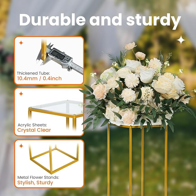 YALLOVE 2 Pack 15.75 Inch Gold Wedding Flower Stand Metal Vase Column Stand Geometric Centerpiece Vase for Home Party Wedding Decorations, Rectangular Flower Display Rack
