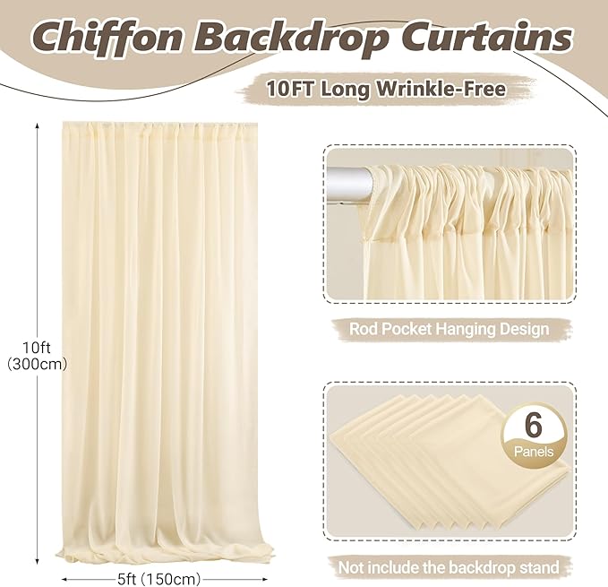 30ft x 10ft Champagne Backdrop Curtains, Wrinkle-Free Sheer Chiffon Fabric Photo Backdrop Drapes for Wedding Arch Party Ceremony Stage Photography Decorations