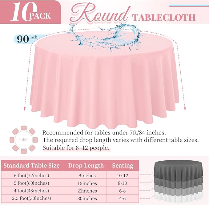 Pesonlook 10 Pack Pink Round Tablecloth 90 Inch, Waterproof Polyester Fabric Table Cloth for Round Tables, Stain Wrinkle Resistant Tablecloths Washable Table Cover for Wedding Dining Party Banquet