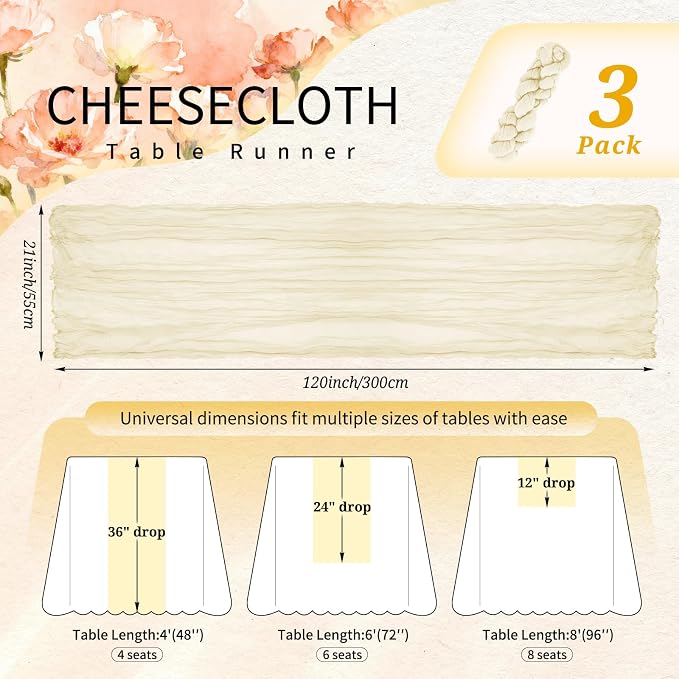 3 Pack Cheesecloth Table Runner 10FT Beige Table Runner Boho Gauze Cheese Cloth Table Runners Long Rustic Sheer Table Decorations for Wedding Party Baby Bridal Shower Birthday Holiday Home