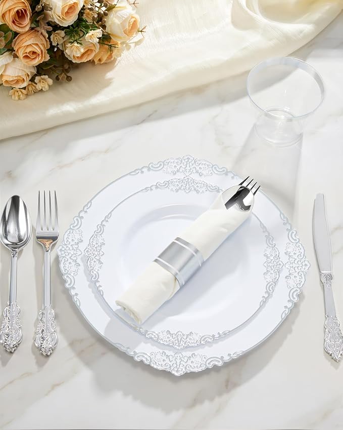 Goodluck 350 Piece Silver Plastic Dinnerware Set for 50 Guests, Fancy Disposable Plates, Include: 100 Silver Rim Plastic Plates, 150 Silverwares, 50 Pre Rolled Napkins, 50 Cups for Party, Wedding