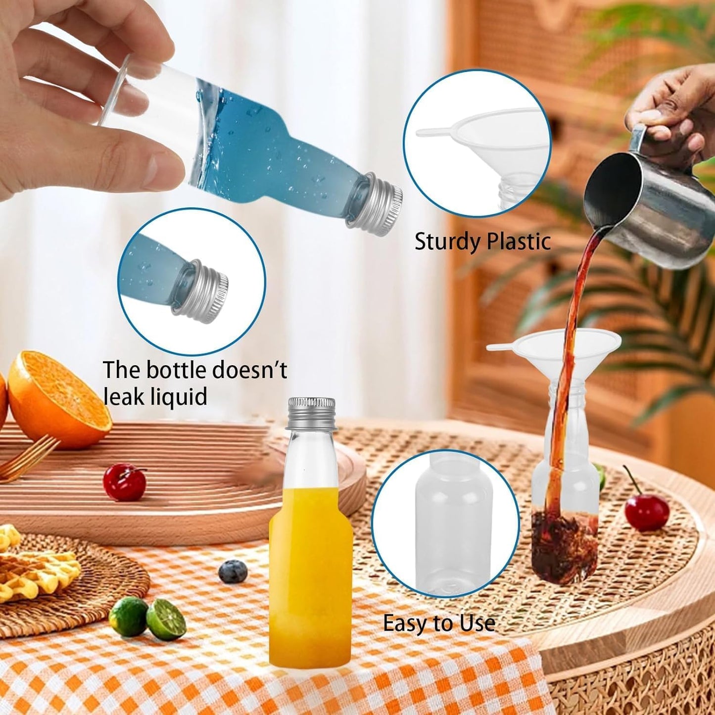 100 Pack 2oz Mini Liquor Bottles Bulk, Plastic Champagne Wine Bottles with Caps, Small Alcohol Shot Bottles with Funnels, Kraft Tags and Rope for Party Favors Wedding (Sliver Caps)