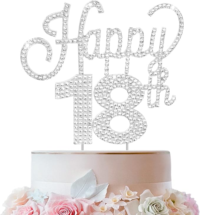 LINGTEER Happy 18th Birthday Silver Rhinestone Cake Topper - Cheers to 18th Birthday Eighteen Years Old Party Cake Centerpieces Topper Decorations Gift Sign.