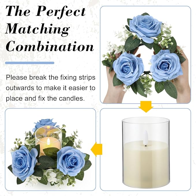 Yunlly 12 Pcs Rose Candle Rings with Flameless Candles Sets, Artificial Flower Eucalyptus Wedding Centerpiece 3 Inch Pillar Candleholders Wreaths for Wedding Party Mother's Day (Blue)