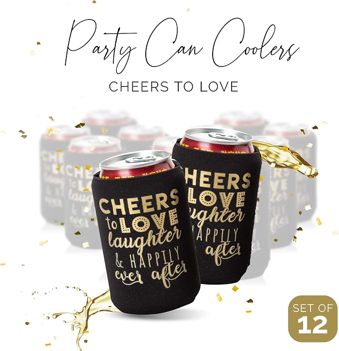 Wedding Can Cooler Decorations Set of 12 - Cheers to Love Laughter and Happily Ever After, Wedding Rehearsal Dinner Decorations - Bridal Showers, Engagement Party Favors for Guests and Supplies