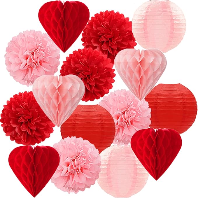 Red Pink Valentines Day Paper Flowers Hearts Honeycomb Lanterns Tissue Pom Poms 15pcs Galentines Party Decorations Anniversary Love Birthday Wedding Baby Shower Hanging Supplies Mprocherify