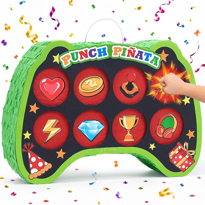 WERNNSAI Game Punch Piñata - Punch Box Piñata with 4 Replacement Punch Papers & 4 Sets of DIY Stickers, Hanging Unboxing Game Supplies for Video Game Party, Gamer Birthday, School Carnival Decor