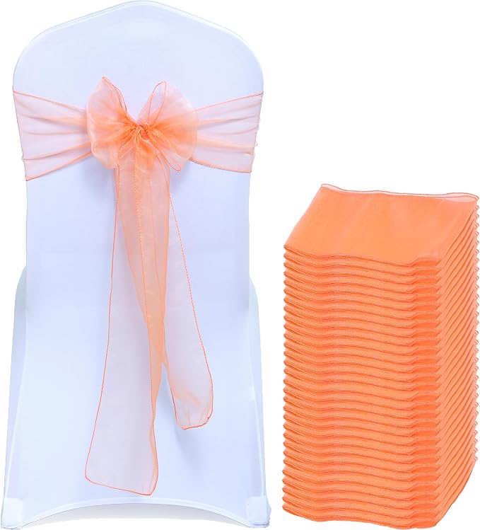 MDS® Pack of 10 Organza Chair Sashes for Wedding Decoration, Reusable Sheer Chair Bows for Banquet Chair Cover, Reception, Bridal Shower, Baby Shower, Birthday Party & Special Events - Peach