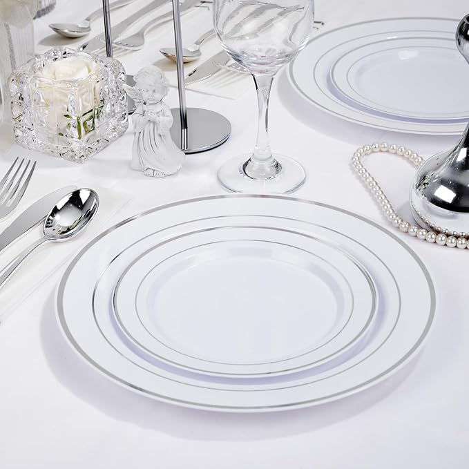 Supernal 102pcs White and Silver Plastic Plates Disaposable Party Plates White Silver Rim Heavy Duty Fancy Silver Plastic Dinnerware Set included 51 Dinner & Dessert Plates for Valentine's Day
