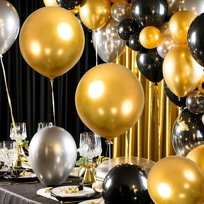 Black Golden Happy Birthday Party Balloons Decorations Set, 80 PCS | with Photo Background Backdrop, Happy Birthday Sign Banner Cloth, 3 PCS 18inch Metal Gold Balloons, Gold Confetti Balloons