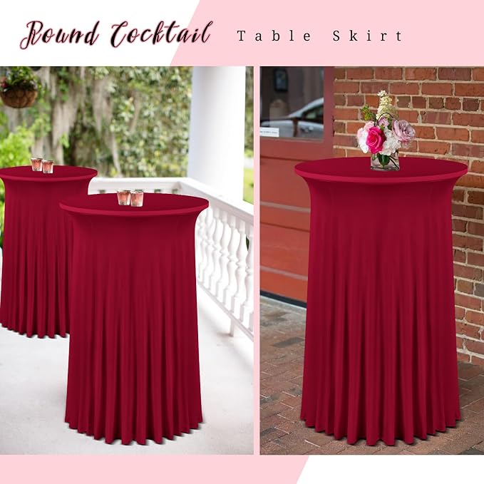 fani 6 Packs 32"x 43" Round Cocktail Table Skirt, Spandex Fitted High Top Table Skirt, Spandex Stretch Cocktail Tablecloth for Wedding Party Bar Banquet Birthday Tables(Burgundy)
