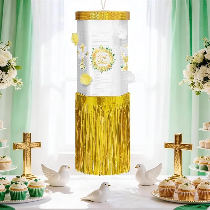 WERNNSAI Baptism Spinning Piñata - Baptism Spinning Party Supplies Piñata Bundle with DIY Stickers for Baby Sacrament Theme Birthday Party Game Decorations (13" x 7.8" x 7.8")