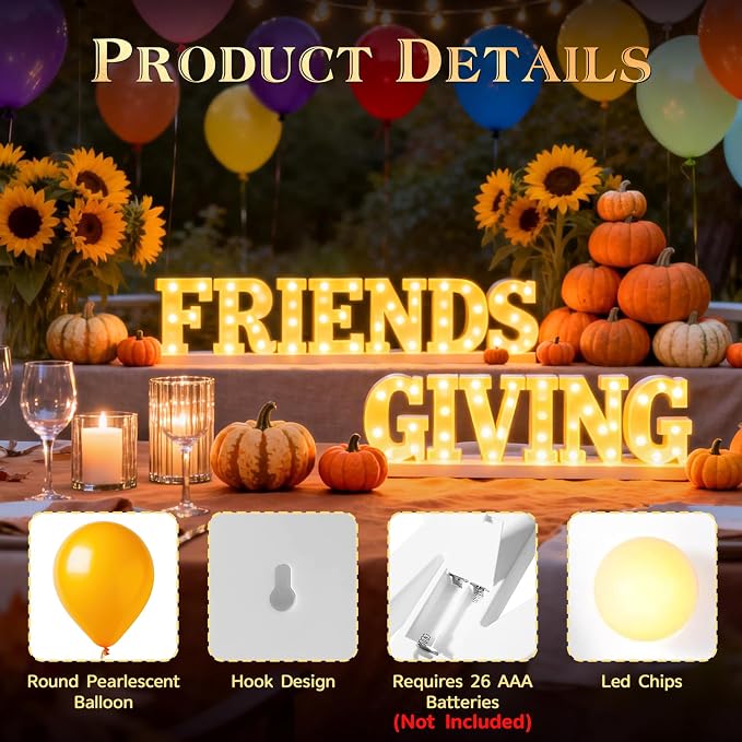 Friends Giving Party Decorations, Light up Letters Sign with 40 Round Pearlescent Balloons, Thanksgiving Led Marquee Lights Table Decoration for Friends Themed Party Fall Birthday Galentines Decor