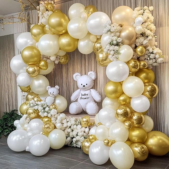 White and Gold Balloon Garland - Double Stuffed Pearl Sand White Gold Balloons Arch Kit 5 12 18 inch for Birthday Graduation Bar Mitzvah Bachelorette Wedding Baby Shower Party Decorations