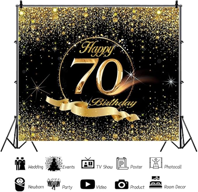 70th Birthday Backdrop Banner 8x6ft Men Black Gold 70th Birthday Decoration Background Men Women Bday Party Celebration Photos Cheers to 70 Years Old Party Backdrop