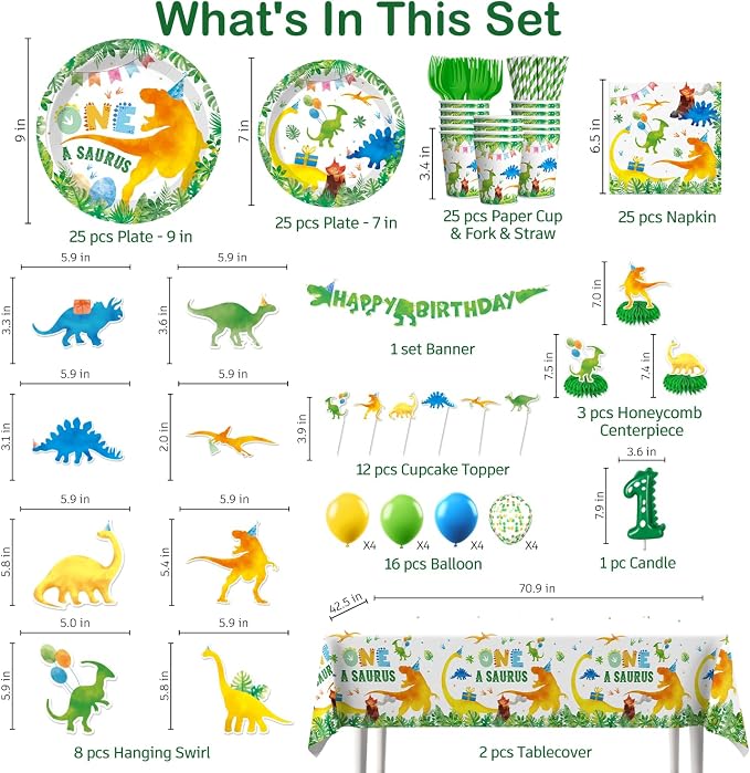 193pcs One A Saurus Birthday Decorations with Tableware Set, Banner, Hanging, Tablecloth, Cake Number Candle, Balloon, Centerpieces, for Dinosaur Birthday Decorations 1 Year Old Boy, Serves 25