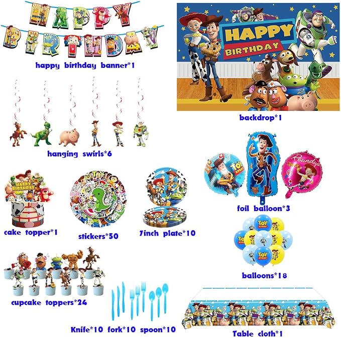 Toy theme birthday decorations,145 Pcs party supplies.Include Birthday Banner, Backdrop, Hanging Swirls, Balloons, Cupcake Toppers, Tablecloth.