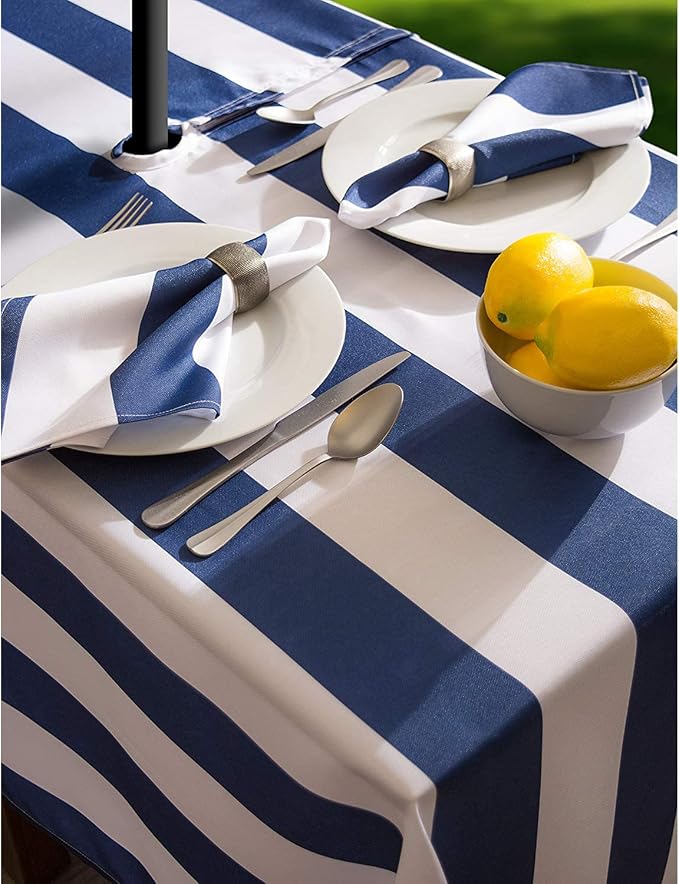 DII Cabana Stripe Outdoor Zippered Tabletop Collection, Stain/Wrinkle Resistant & Waterproof, 52" Round, Nautical Blue
