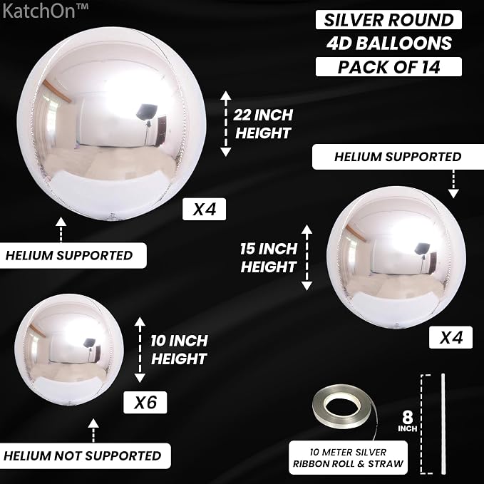 Metallic Silver Balloons - 22 Inch, Pack of 14 | 4D Round Foil Balloons for Silver Party Decorations | Silver Balloons For Birthday Decorations, Disco Party Decorations | KatchOn
