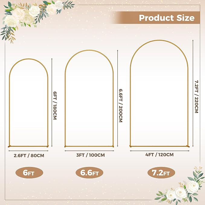 Babenest 6FT 6.6FT 7.2FT Gold Arch Backdrop Stand Set of 3 for Party | Metal Wedding Stand, Balloon Frame for Ceremony Birthday Party Bridal Baby Shower Banquet Halloween Decoration