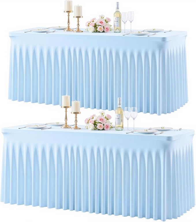 2 Pack Baby Blue Table Cloth for 6 Foot Rectangle Tables Spandex Fitted Tablecloth 6ft Stretch Table Covers Skirt Baby Blue Banquet Tablecloths Wrinkle Free Tablecloth for Party Wedding Birthday Event