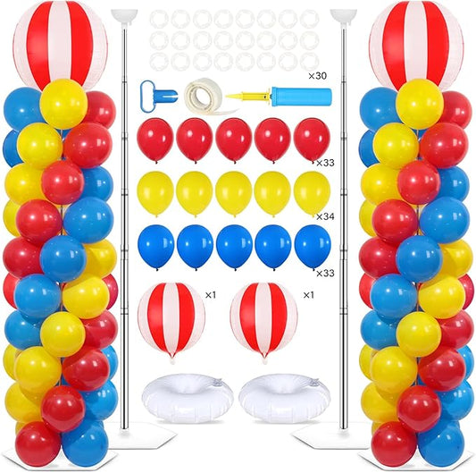 2 Sets Carnival Circus Balloon Column Stand Kit with 102 Balloons 5.57ft Adjustable Balloon Tower Stand with Bases Red and White Striped Balloons Arch Column for Carnival Birthday Party Supplies