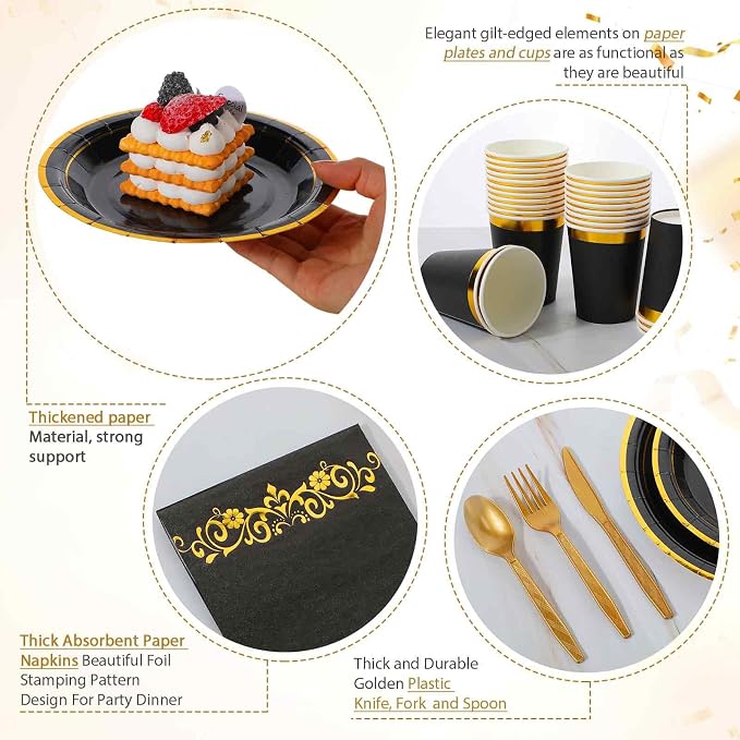 350 Pcs Black and Gold Plastic Plates Disposable Graduation Party Dinnerware Set for 50 Guests 9'' Dinner Silverware 7'' Dessert Plates Cups Napkins Knives Forks Spoons for Wedding Birthday Retirement