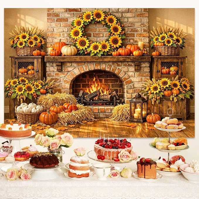 7 x 5 ft Fall Backdrop Fall Fireplace Harvest Pumpkins Maple Leaves Sunflower Background Rustic Friendsgiving Thanksgiving Family Party Decorations Backdrop Photo Props Supplies