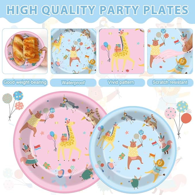 96Pcs Animal Party Supplies Pastel Animal Paper Plates and Napkins Jungle Safari Theme Tableware Decorations Set for Kids Girls Birthday Baby Shower Celebration Party Favor Serves 24