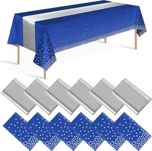 12 Pack Blue and Silver Tablecloth and Table Runner Party Decorations, Blue and Silver Plastic Disposable Tablecloth and Satin Table Runner for Wedding Birthday Bridal Graduation Anniversary Party