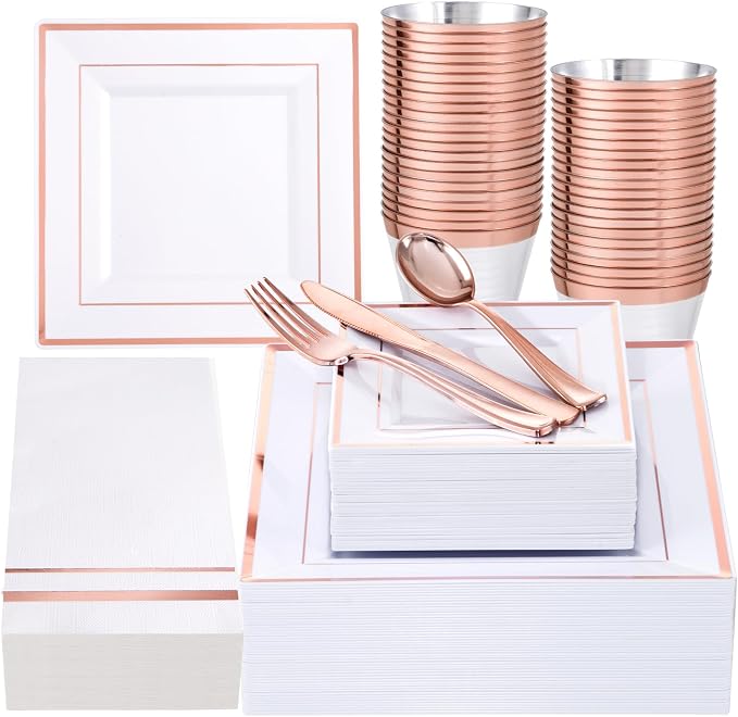 Festiva 350Pcs Rose Gold Plates and Napkins Party Supplies-Square White and Rose Gold Disposable Dinnerware include Plates Cups Cutlery Napkins for 50 Guests Wedding &Mother's Day&Birthday Party
