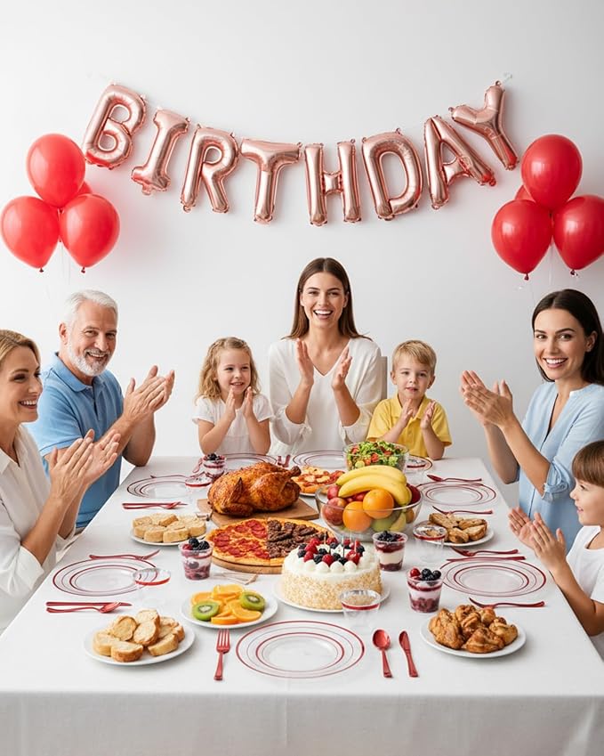 Goodluck 700 Pcs Red Plates and Napkins Party Supplies, Clear Plastic Plate | Include 200 Plates, 100 Pre Rolled Napkins with Silverware, 100 Cups for 100 Guests for Party, Christmas, Graduation, Wedding