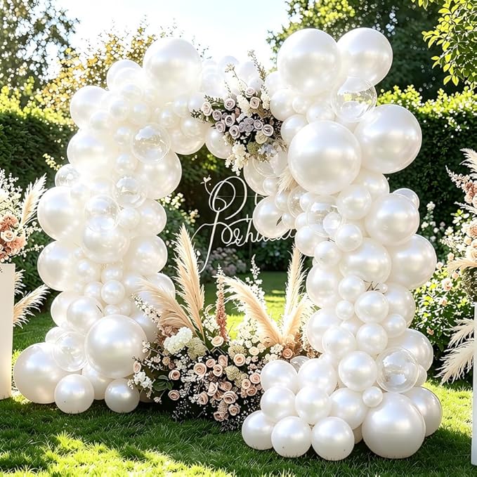 Pearl White Balloons With Pearl Stickers, 98PCS Pearl Standard White Double Stuffed Balloons Garland Arch Kit, 18/12/10/5 inch Different Size Balloons for Wedding Bridal Baby Shower Decorations