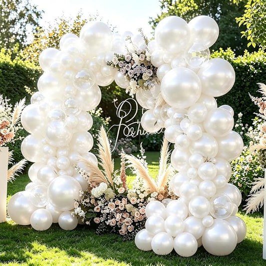 Pearl White Balloons With Pearl Stickers, 98PCS Pearl Standard White Double Stuffed Balloons Garland Arch Kit, 18/12/10/5 inch Different Size Balloons for Wedding Bridal Baby Shower Decorations